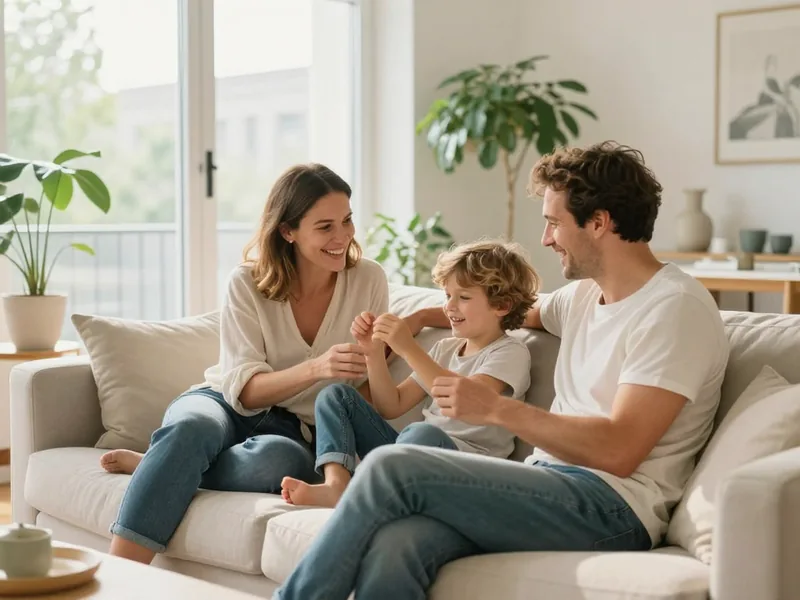 Familie mit Kind in einem hellen Hamburger Wohnzimmer – fruehzeitig fuer die Familie vorsorgen